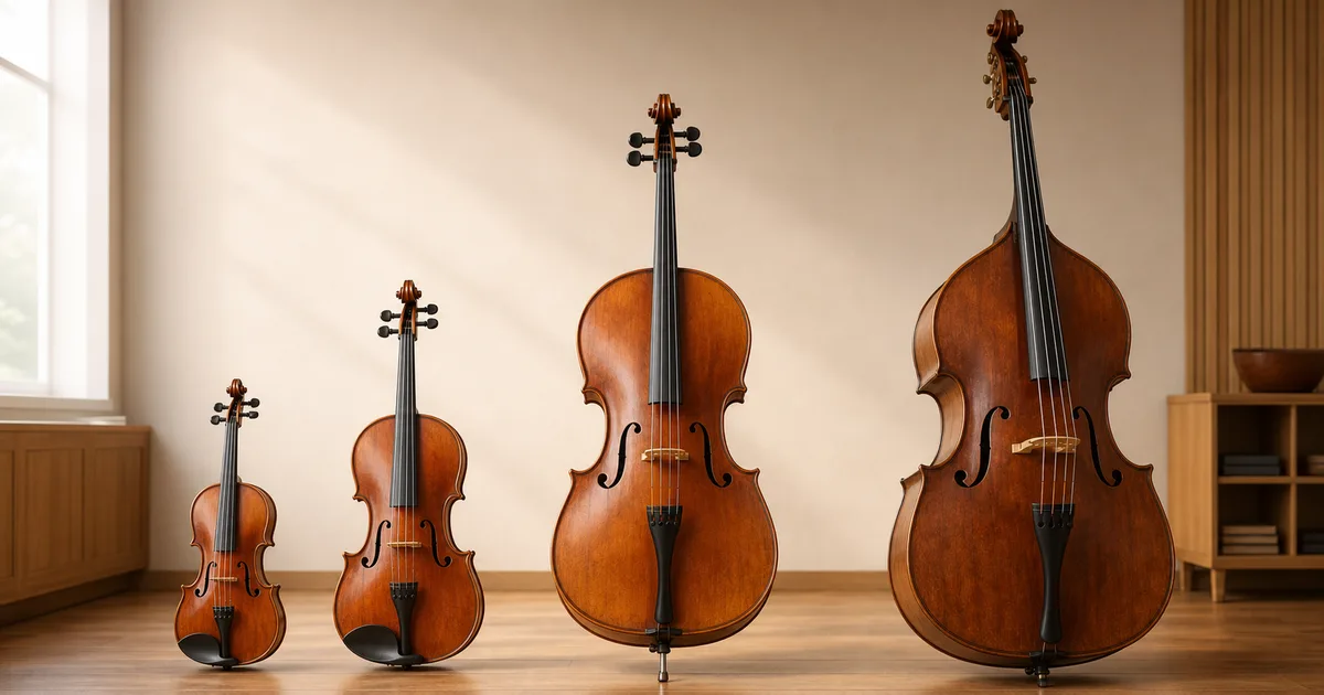 Violin, viola, violonchelo y contrabajo en orden de tamano.